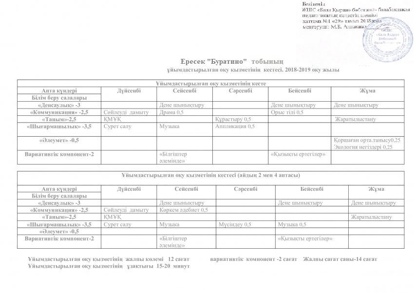 Оқу қызметінің кестесі 2018/2019 оқу жылы