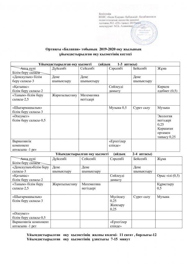 Оқу қызметінің кестесі 2019/2020 оқу жылы